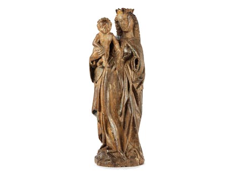 Spätmittelalterliche Schnitzfigur einer Madonna mit Kind